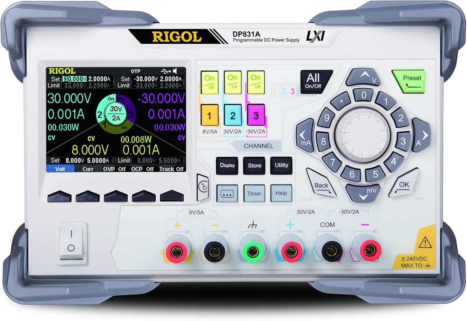 Rigol DP831A Programmable Linear Dc Power Supply,3 Channels,160W Total Power,Maximum Output Range 8V/5A || 30V/2A, 30V/2A