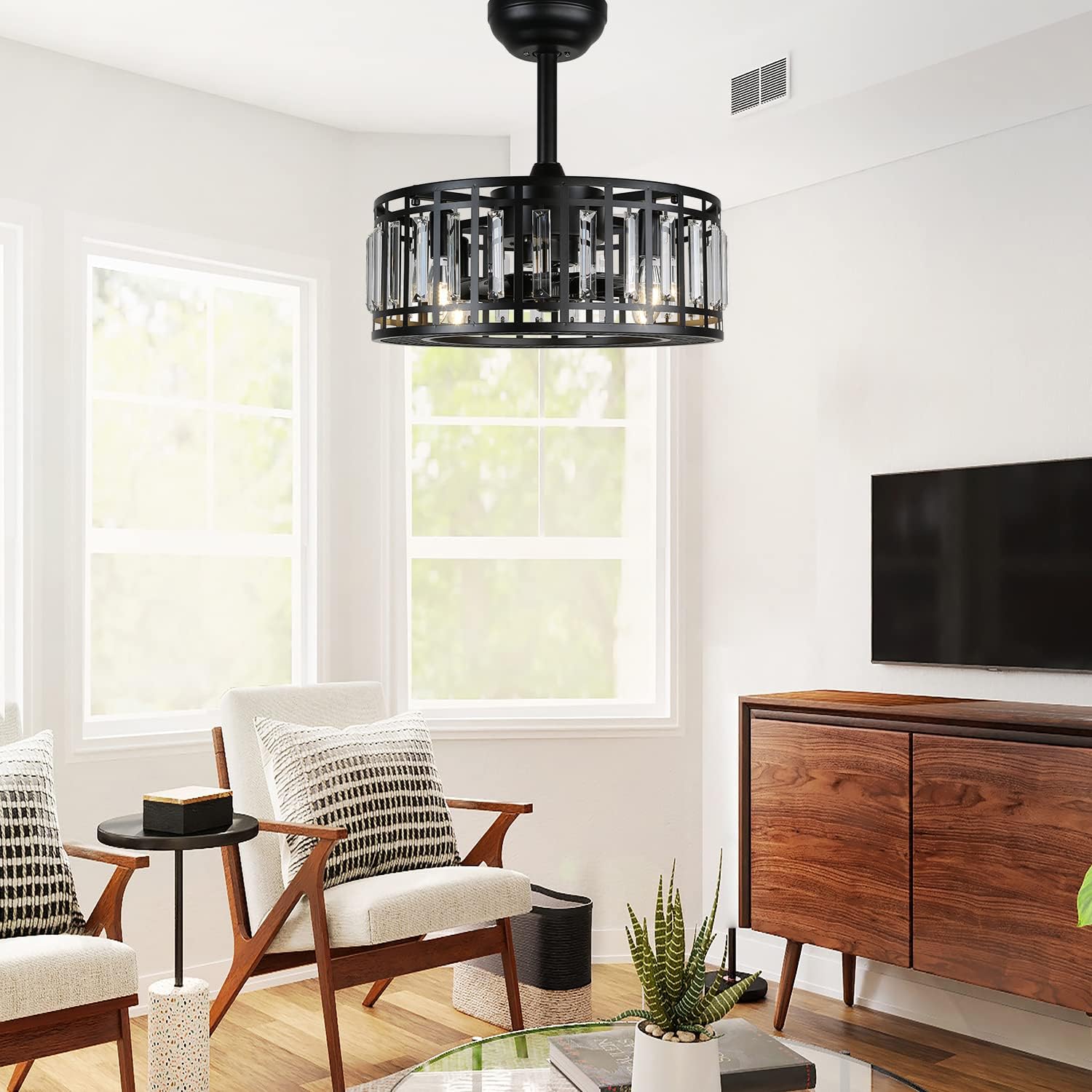 YYEHON Crystal Ceiling Fan with Lights and Remote, Bladeless Fandelier