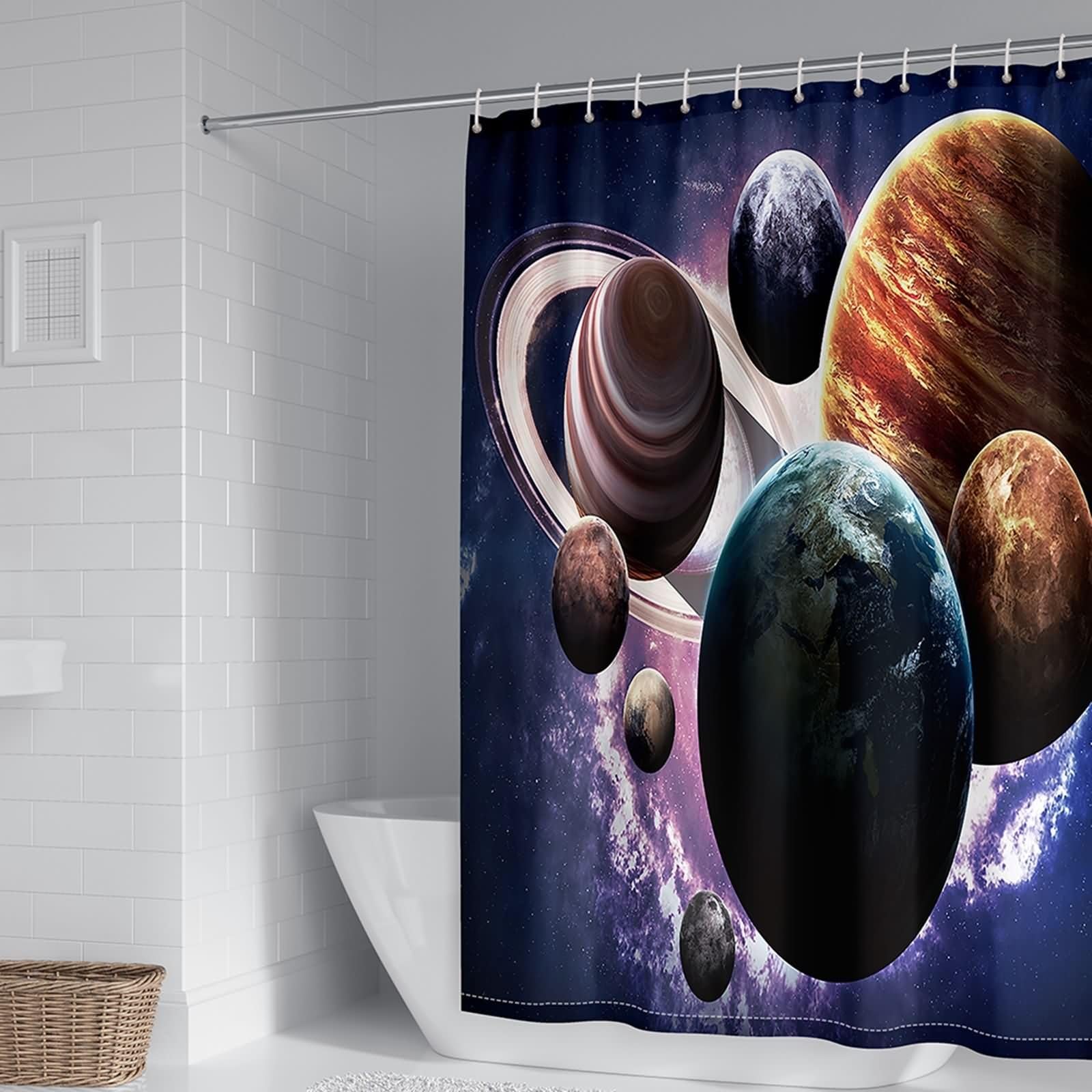 Rideau de douche 300x200 anti-éclaboussures, motif Les Huit Grandes Planètes avec anneaux