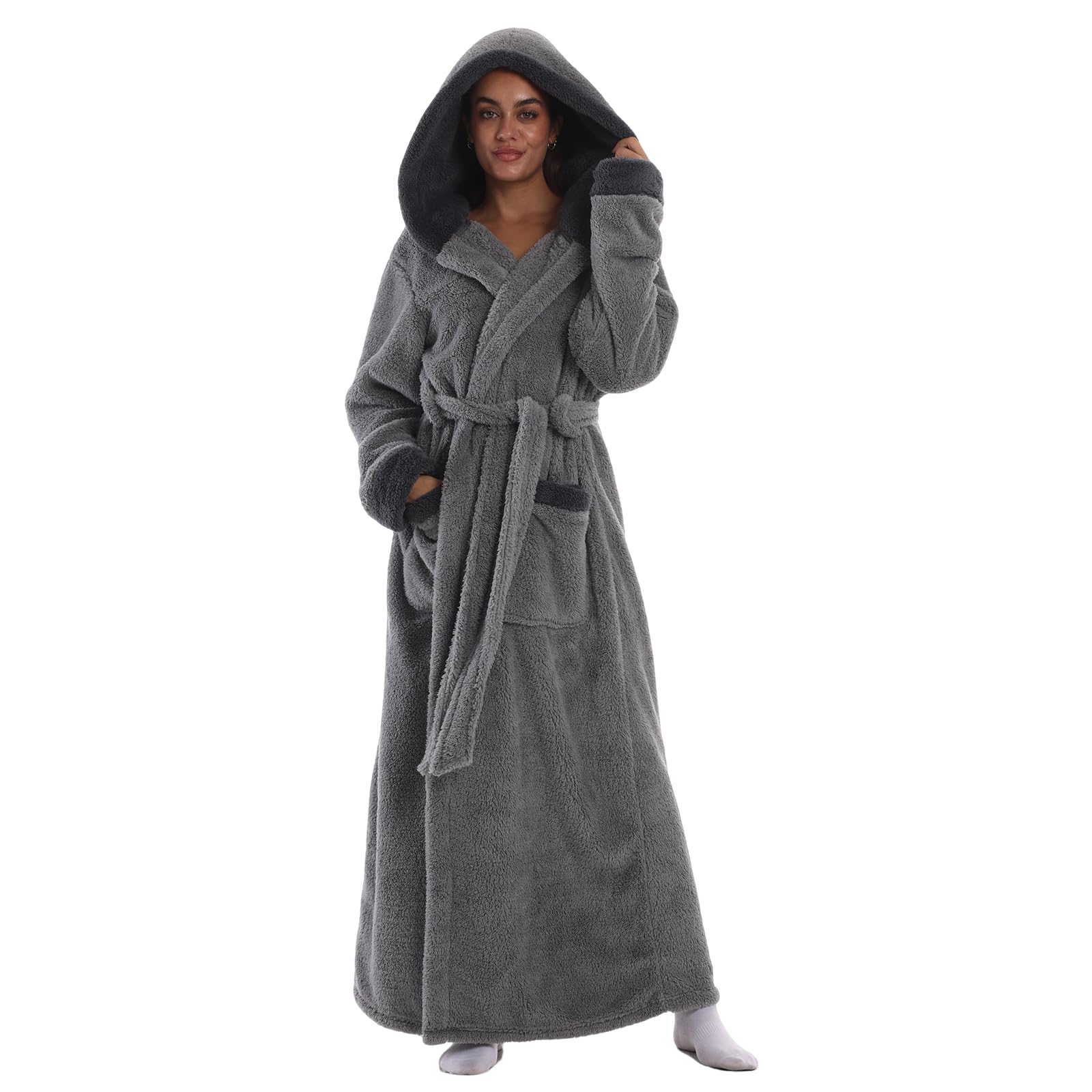 Gegeryozis Peignoir de Bain Homme Femme en Flanelle Polaire - Long et Chaud avec Capuche, Taille Unique pour Sortie de Bain, Spa, Maison - 2 Poches, Ceinture Ajustable