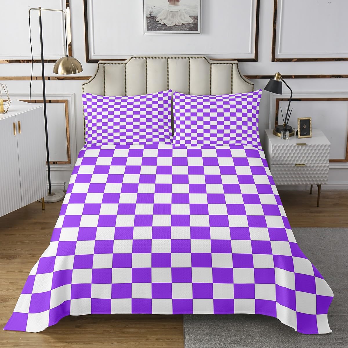 Manfei Lavender Grid Bedspread Twin Size, Geometric Plaid Square Coverlet Set 2pcs, Kids Boys Girls Room Decor, Soft Lattice Checkerd Quilted Coverlet with 1 Pillowcase, Soft Bedding Quilt