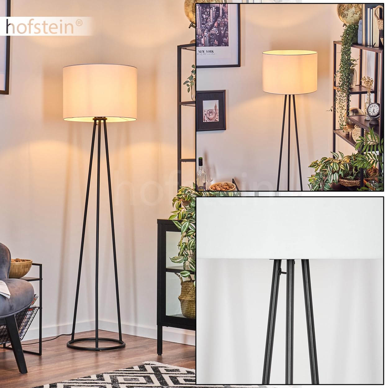 Stehleuchte Bassagoda, Stehlampe aus Metall/Stoff in Schwarz/Weiß, Leuchte im modernen Design mit rundem Schirm (Ø 40 cm) u. Fußschalter, Höhe 152 cm, 1 x E27, ohne Leuchtmittel