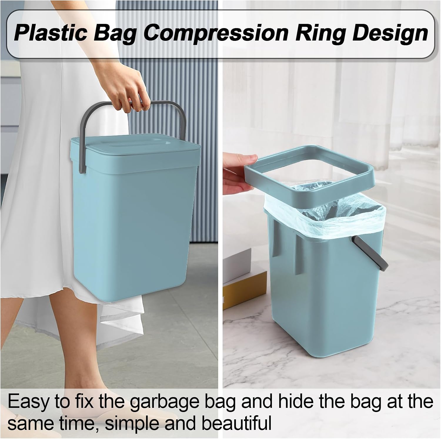 Compost Bin Kitchen, Includes 100 Trash Bags, Hanging Trash Can with Lid, Features Pet-Proof, Odor-Proof, and Quiet Opening/Closing. Suitable for Bathrooms/Bedrooms/Offices (Blue, 1.3 Gal/5 L)
