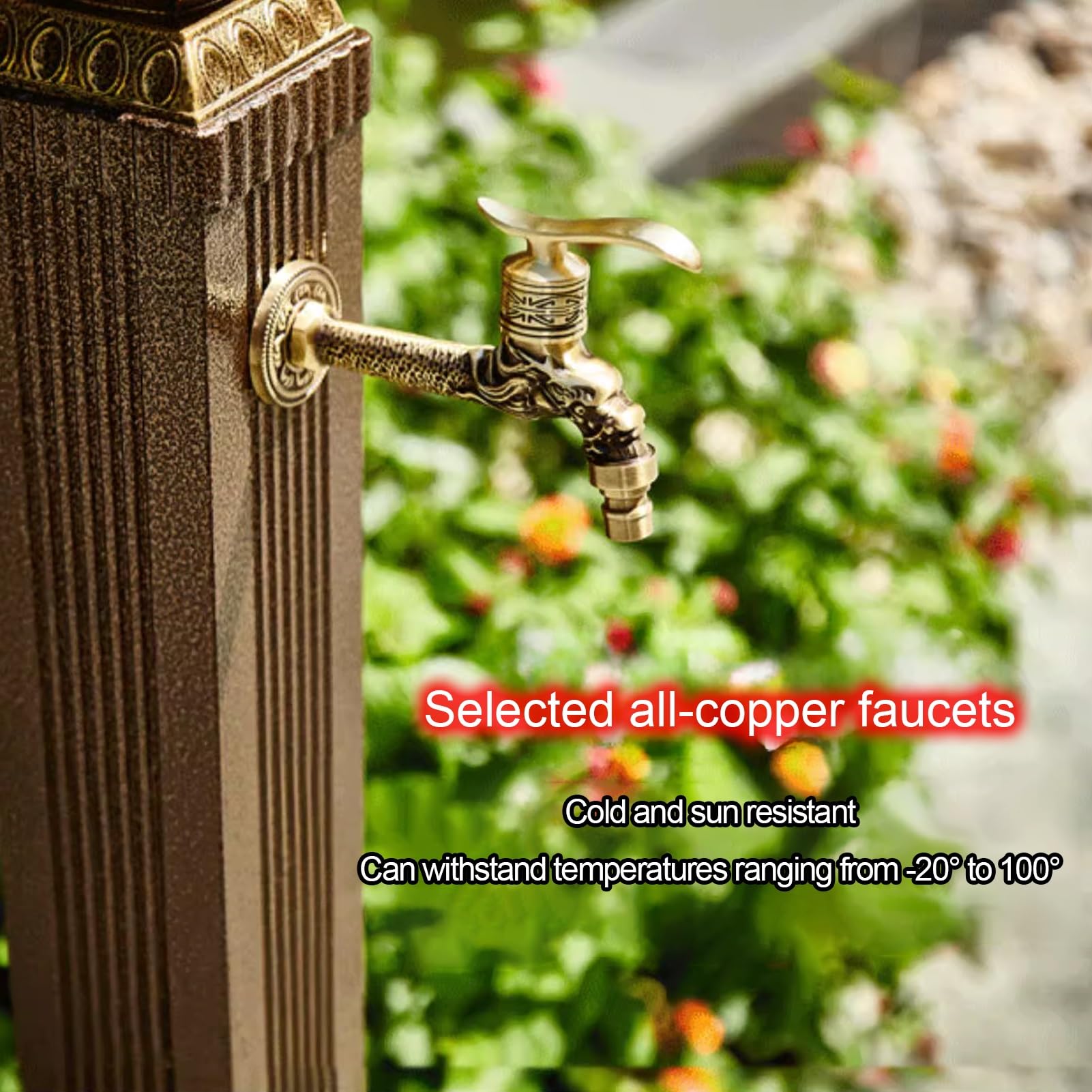 Colonne d'eau de Jardin, Colonne d'eau Verticale carrée avec Robinet en cuivre, Double Robinet extérieur résistant au Gel, pour terrasse et Jardin(Brass C,110CM/43.3IN)
