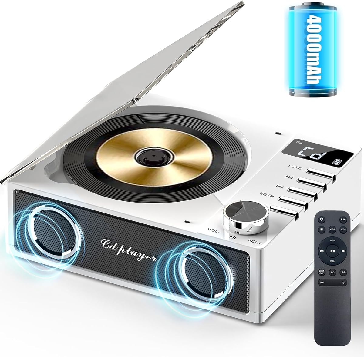 Desktop CD Player With 4000mAh Rechargeable Battery,Bluetooth CD Player Wtih Dual Speakers,Remote Control, LCD Display, Support OPT/USB/TF Card/AUX/3.5mm Headphone Jack for Car Or Home