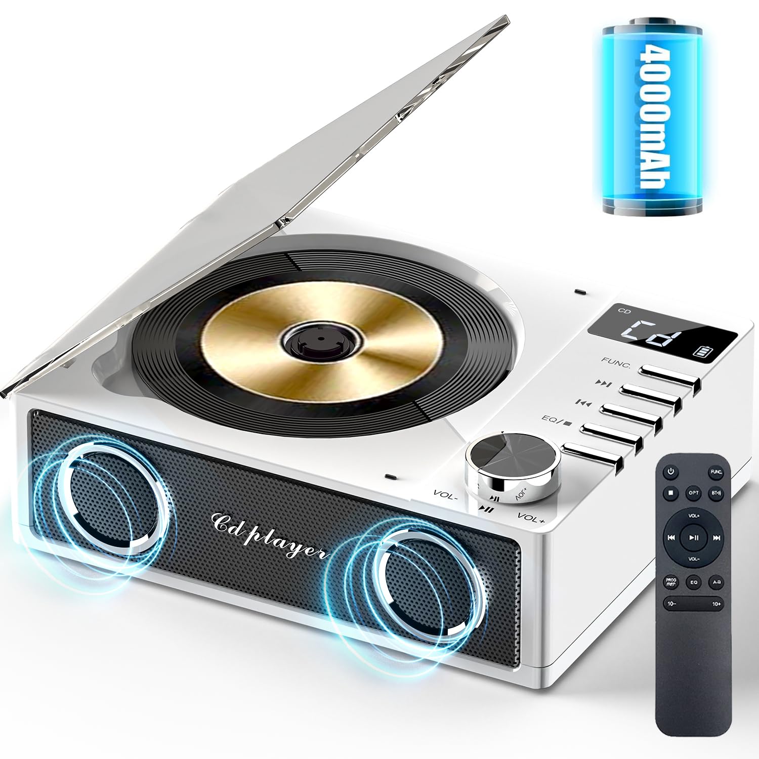 4000mAh Rechargeable CD Player with Dual Speakers, Desktop Bluetooth CD Player with FM Radio,Remote Control, LCD Display, Support USB/TF Card/AUX/3.5mm Headphone Jack for Home-image-11