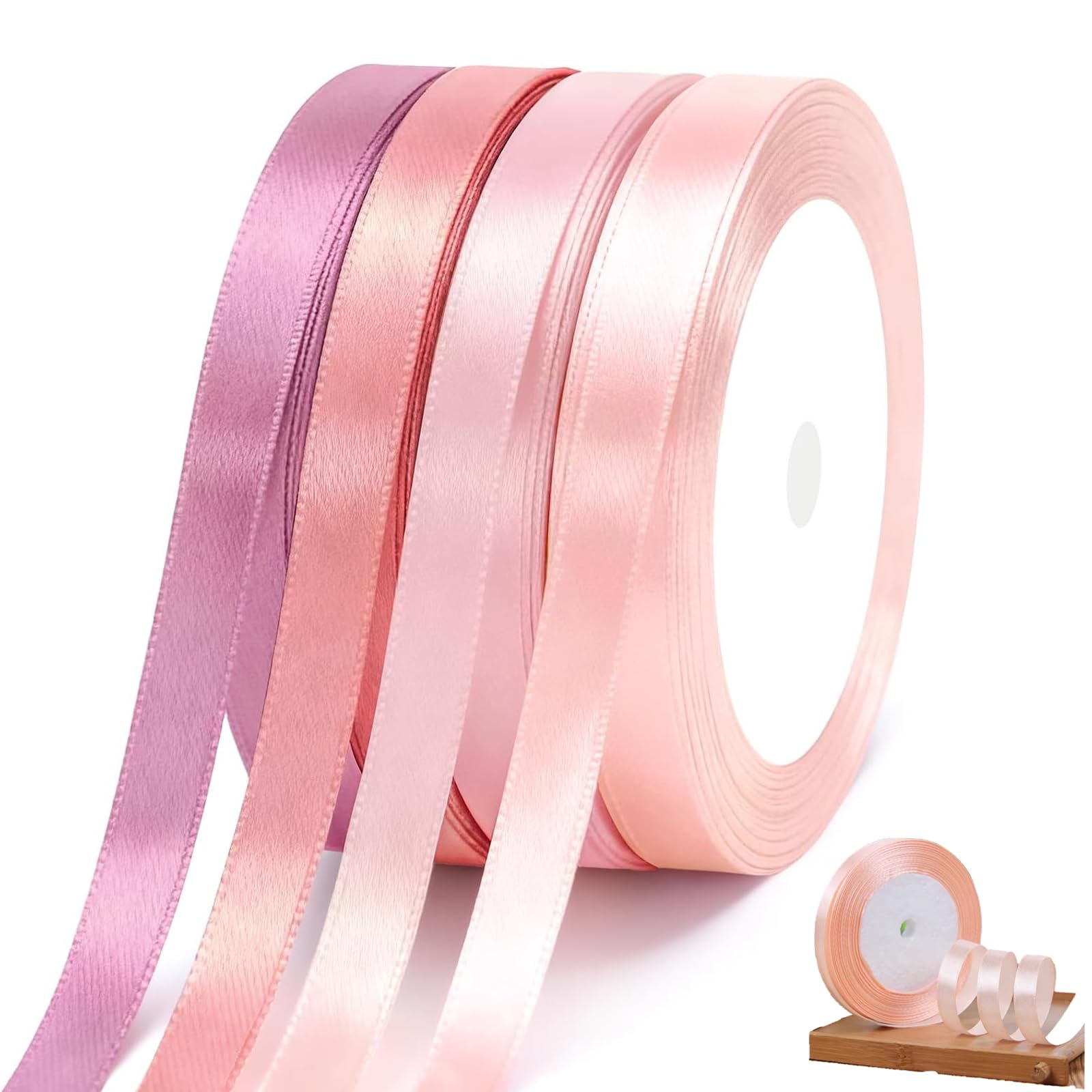 4 Roll Pink Satin Ribbon, 10mm 22m Baby Pink Roll for Gift Wrapping & Bows, Soft Satin String for Wedding, Christmas, Baby Shower, Valentine's Day Party Decor, Mixed Color Craft Supplies