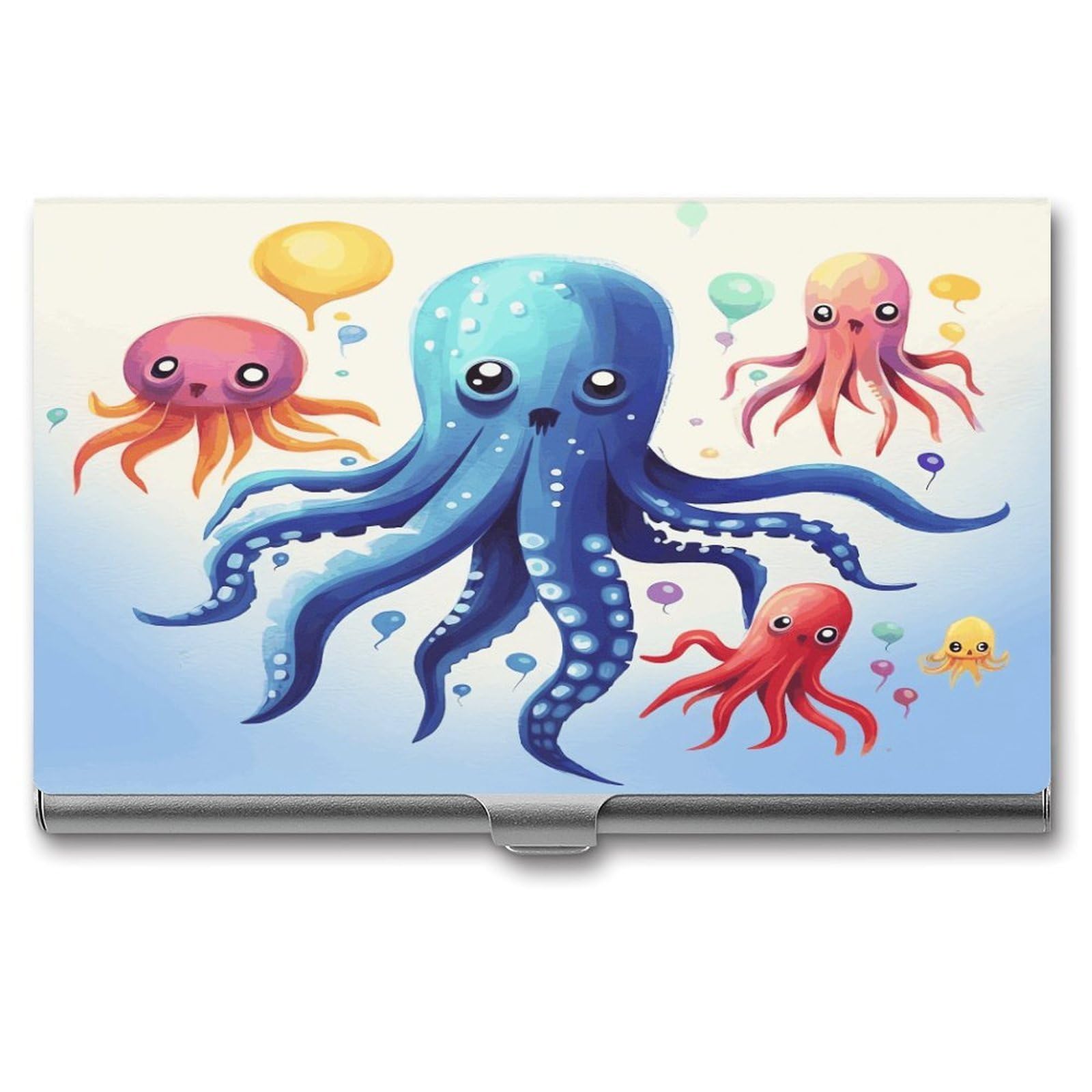 JTREHY Colorful Squid Octopus Business Card Holder Slim Purse Name Card Holder Portable Metal Business Card Case Wallet Large Capacity Lightweight Business Card Case for Men Women