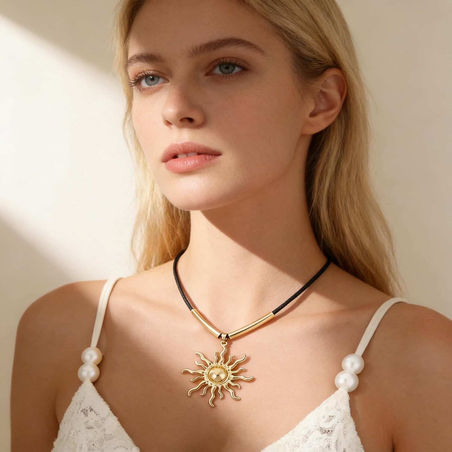 Boho Vibe Vintage Sun Pendant Necklace for Women, Black Leather Cord with Gold Plated Bar Chain, Retro Bohemian Celestial Statement Jewelry for Daily Wear Beach Vacation Gift