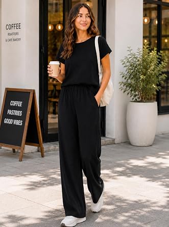 2 Piece Lounge Sets for Womens 2026 Waffle Knit Matching Sets Short Sleeve Top Wide Leg Pants with Pockets