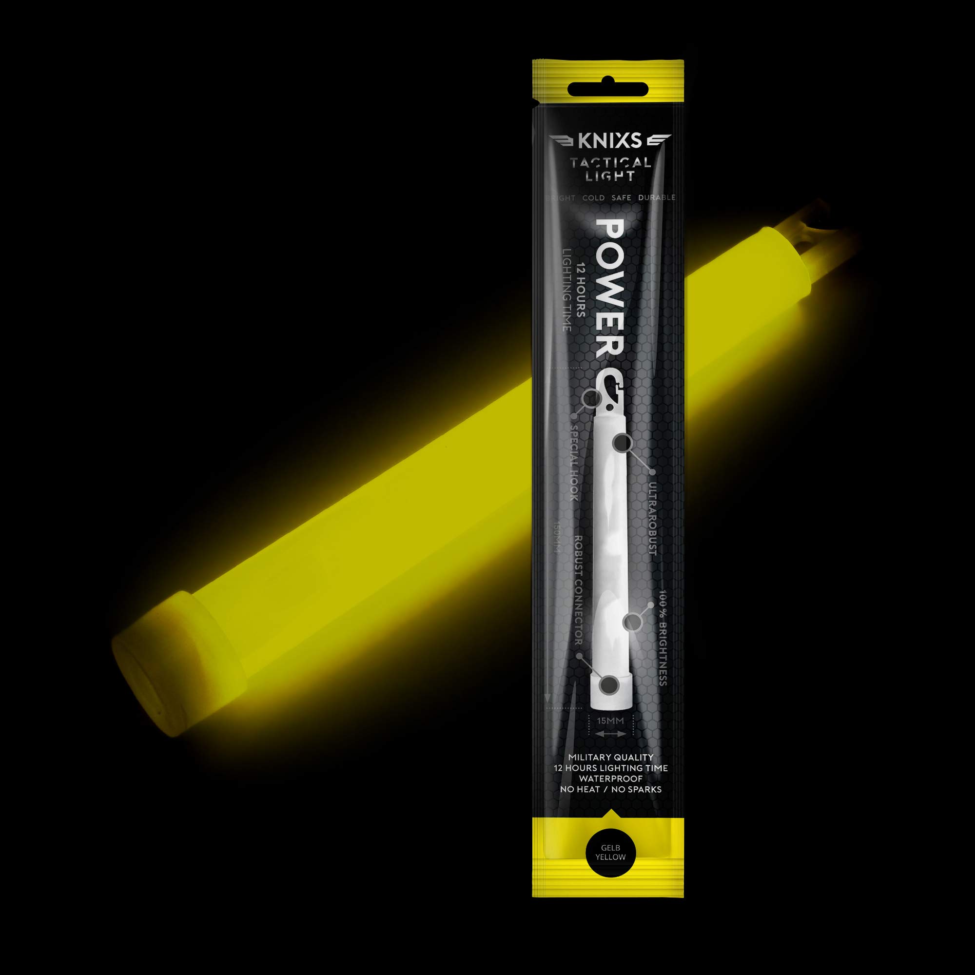 10er Set - Power-Knicklicht/Leuchtstab Tactical Light im Militär-Standard - gelb leuchtend (6" / 15cm) - einzeln verpackt - mindestens 12 Stunden Leuchtdauer