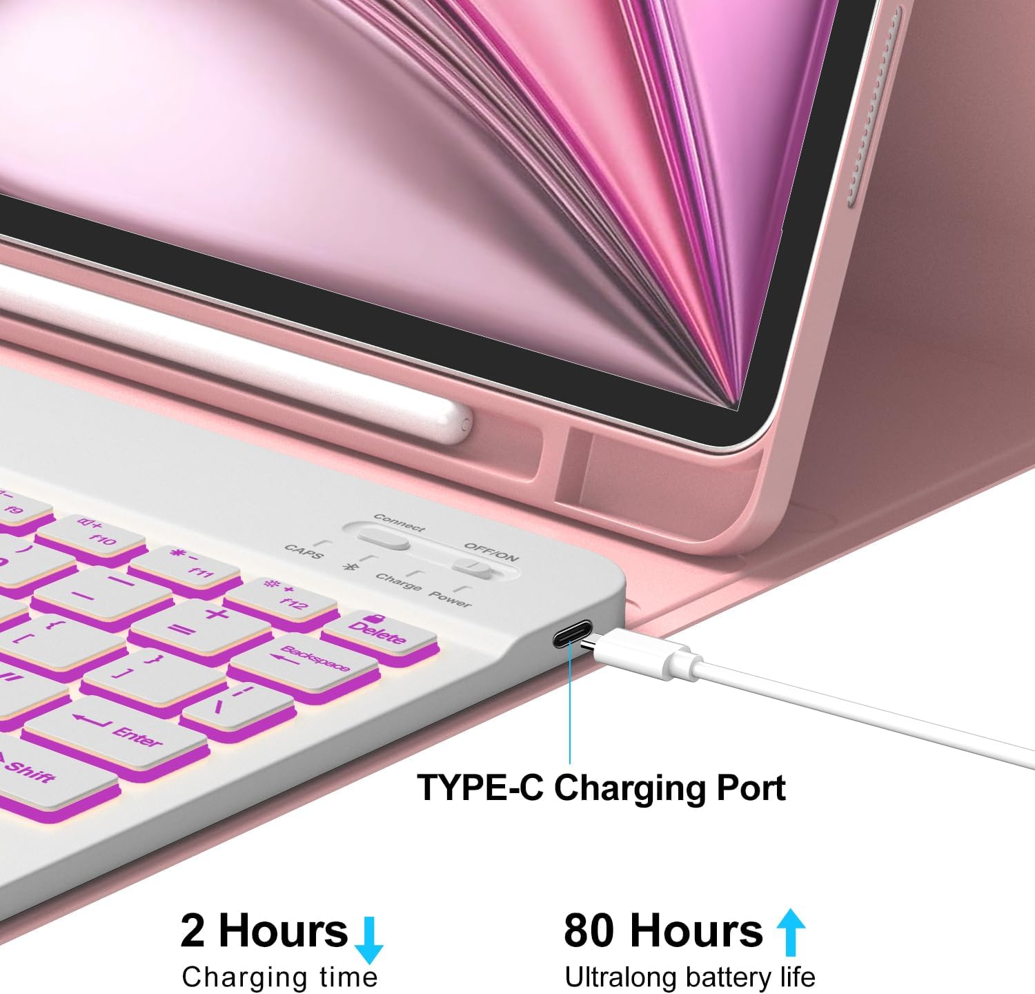 Keyboard Case for iPad Air 11-inch (M3 2025 / M2 2024) 7 Color Backlit Wireless Detachable Keyboard with Pencil Holder for iPad Air 11 2024, Rose Gold
