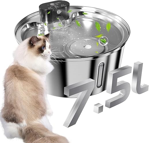 7.5L Bebedouro para Gatos, Bebedouro para Gatos Sem Fio,304 Aços Inoxidáveis Fonte de Agua pra Gato, Bateria de 5000mAh, ultra Silenciosa