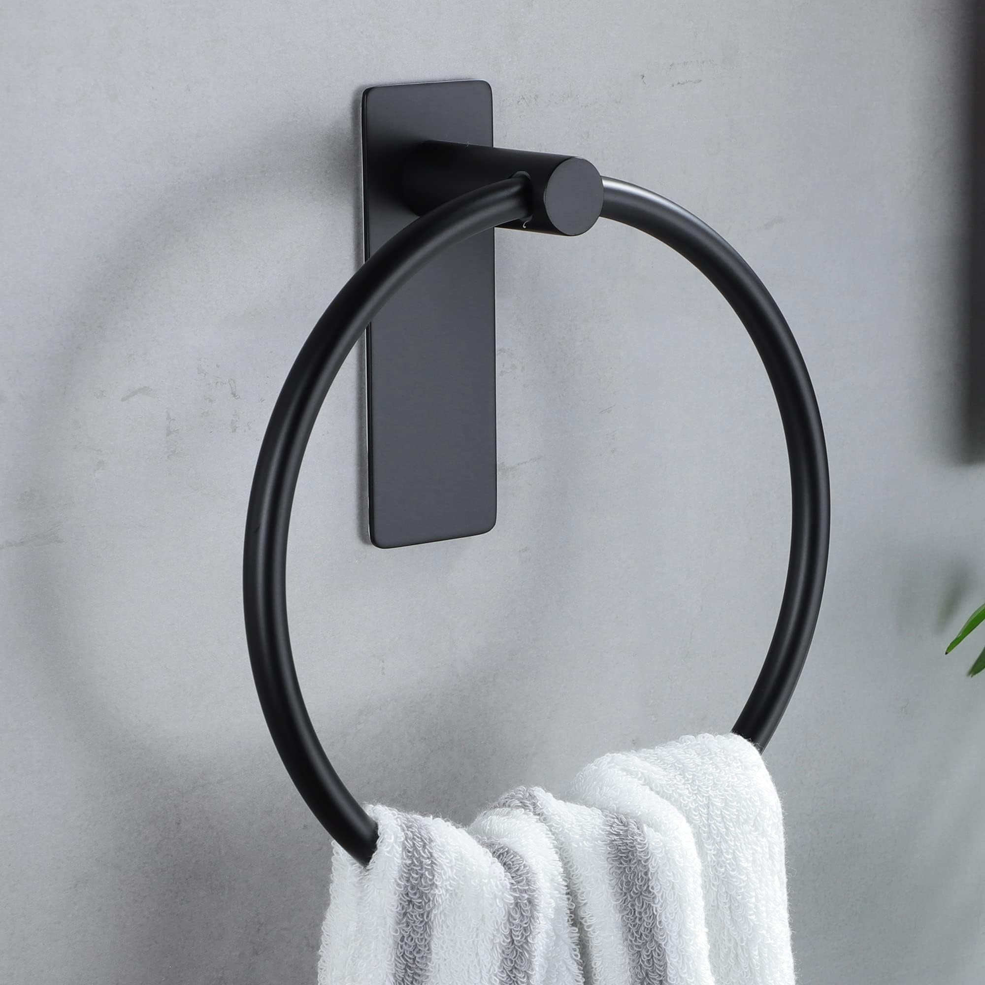 ZUNTO 7in Adhesive Towel Ring, No Drilling, Matte Black Wall Mounted Self-Adhesive Hand Towel Holder for Bathroom and Kitchen