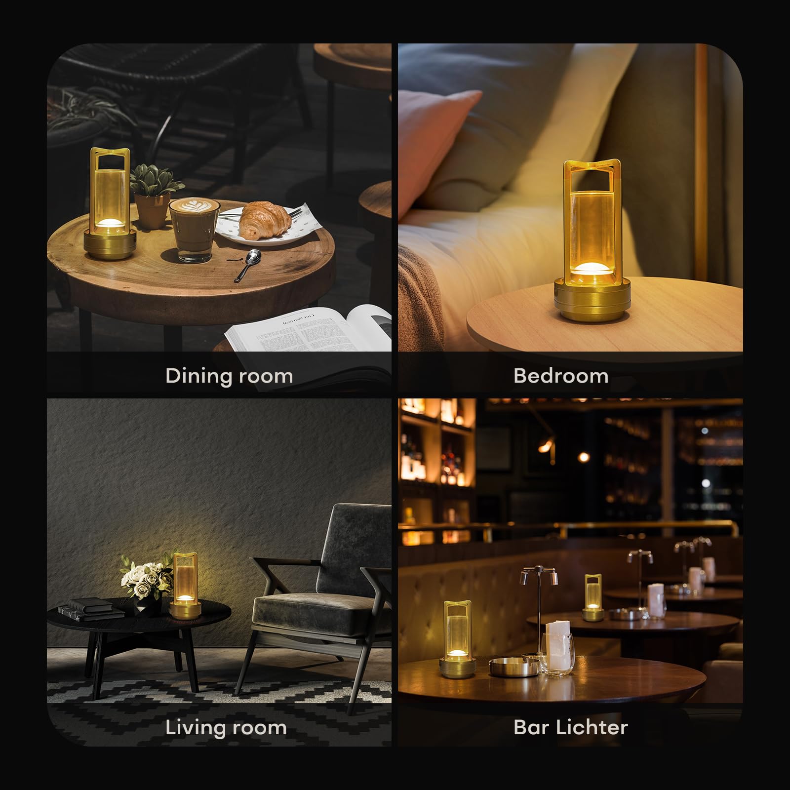 Lot de 2 lampes de table portables en métal pour intérieur/extérieur, lampe LED rechargeable, 3 couleurs, intensité infinie, alimentation par piles, pour restaurant, chambre, bar, café, camping (doré)