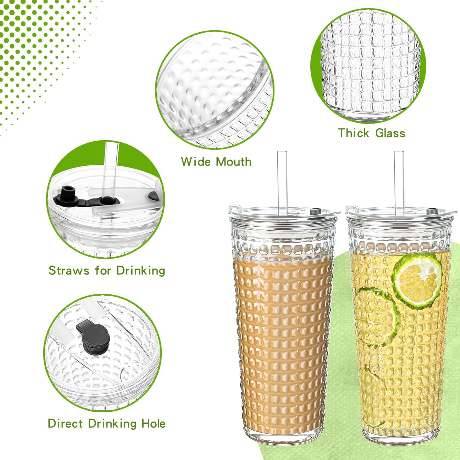 20oz Glass Cups with Lids and Straws,2 Pack Reusable Glass Tumbler for Cold & Hot Drinks Wide Mouth Travel Mug for Smoothies Cocktails Beer Tea Juice and Iced matcha Coffee Cups with Lids - Image 4