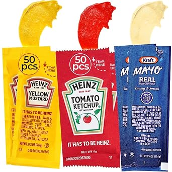 Bulk Condiment Packets Variety Pack 150-Count - 50 Single Serve Packs of Each Ketchup, Mayonnaise and Mustard Packets - Individual Travel Condiments for BBQ, Picnic, Events