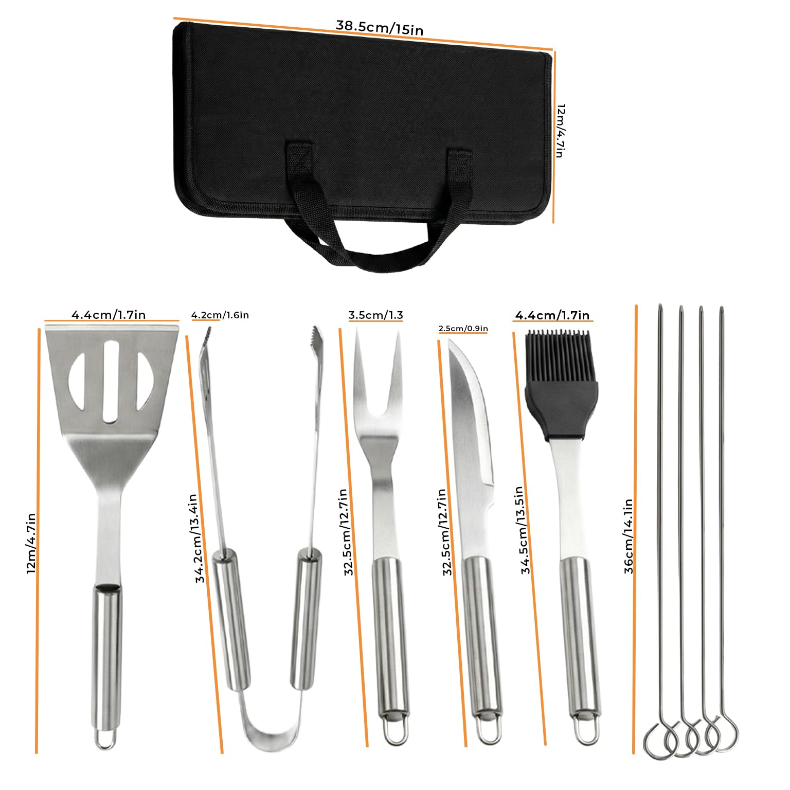 Set 9 Pezzi Utensili Barbecue – Attrezzi BBQ in Acciaio Inox con Custodia – Accessori Completi per Barbecue, Grigliate, Camino e Cottura al Forno