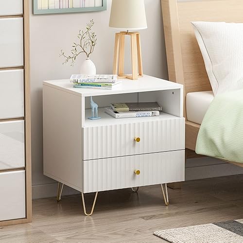 Miniatura 4 de DiDuGo Mesita de noche blanca y dorada con 2 cajones y estante, superficie de aspecto ondulado, patas de metal, para dormitorio (19.7 pulgadas de