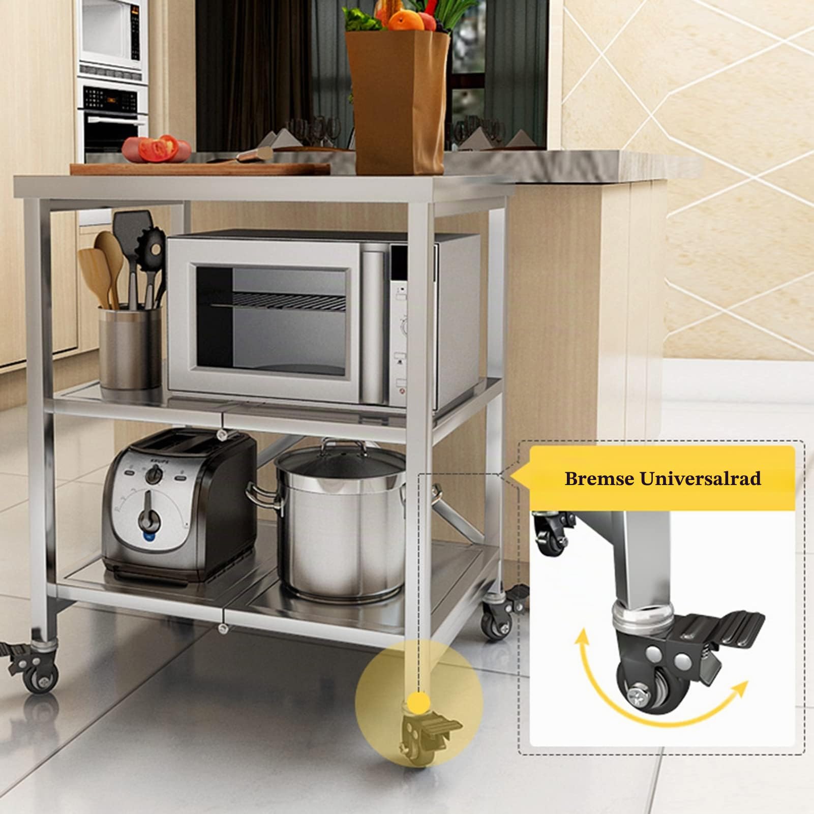 Ebenen klappbare Servierwagen Edelstahl, Regal mit Feststellbremse Rollen | Küchenwagen Servierwagen mit Stauraum, für Küche, Garten, Vielseitiger Allzweckwagen für kleine Räume, 60x45x80cm