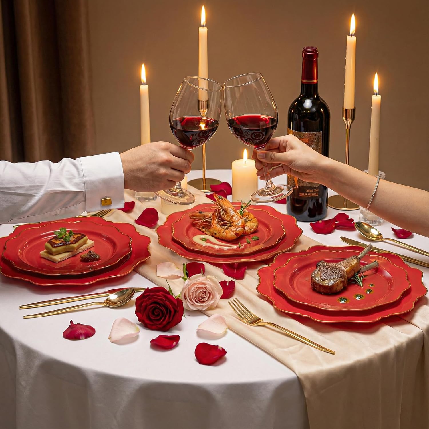 WDF 175Pcs Red Plates - Red Plastic Plates with Gold Rim - Fancy Disposable Dinnerware Sets Ideal for Party Baby Shower Wedding Spring