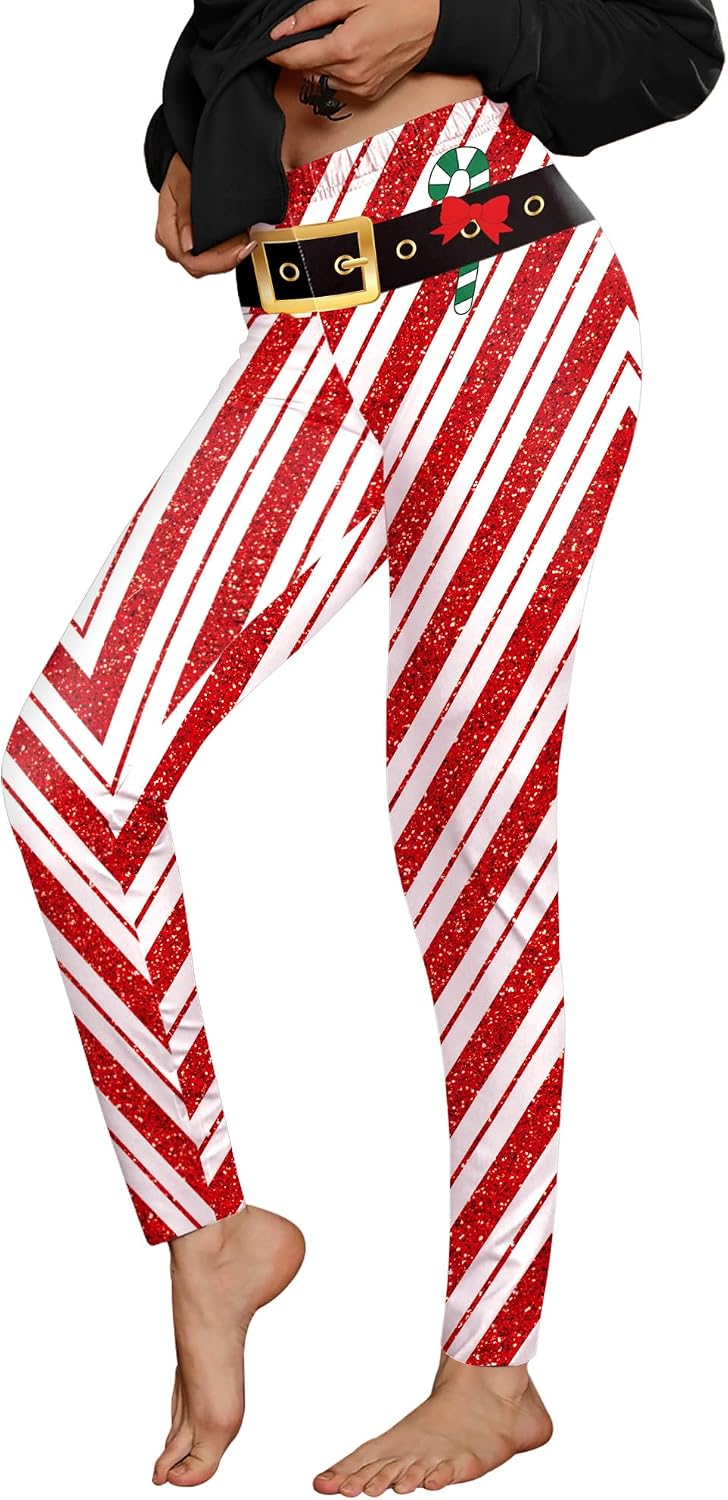 For G and PL Christmas Womens Ugly 3D Print Leggings Holidays High Waisted Funny Striped Tights Red & White Stripes XL
