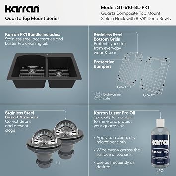 Karran 33 Top Mount Quartz Composite 60/40 Double Bowl Kitchen Sink Kit (Black)