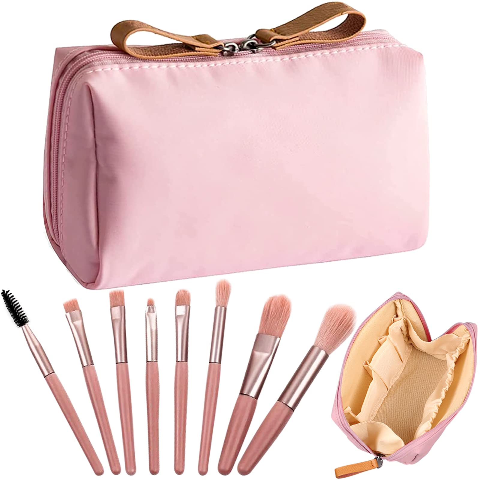 BDSHUNBF Neceser de Aseo, Bolsa de Cosméticos de Viaje, Organizador de Maquillaje para Mujeres, Impermeable Neceser, Neceser Mujer Pequeño, Bolsa Aseo, con Juego de Brochas de Maquillaje Viaje (Rosa)
