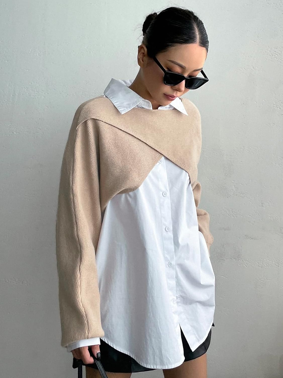 Women's Sweater Wrap Hem Batwing Sleeve Crop Sweater Without Blouse Sweater for Women (Color : Khaki, Size : Medium)