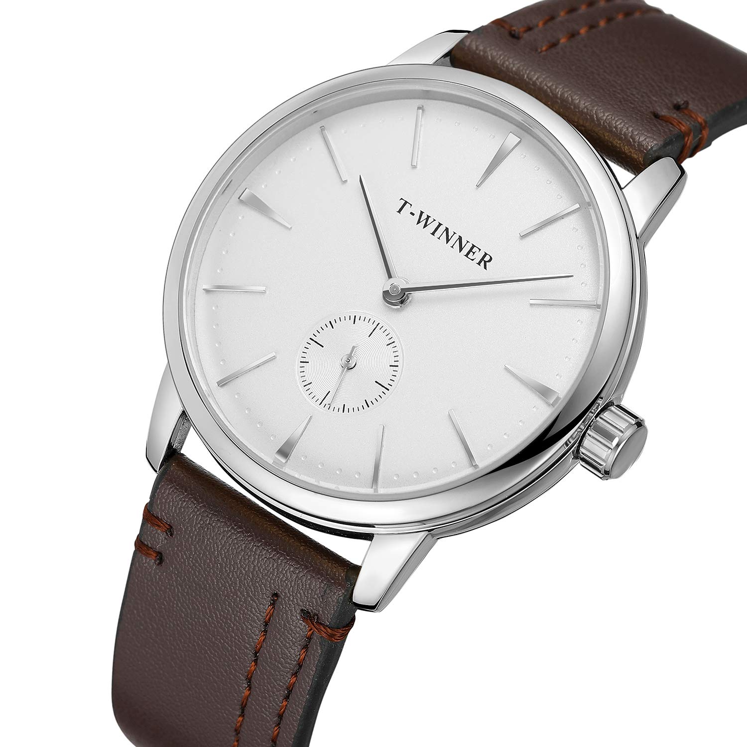 Forsining - Orologio da polso da uomo, elegante, meccanico, a carica manuale, quadrante bianco, cinturino in pelle marrone.