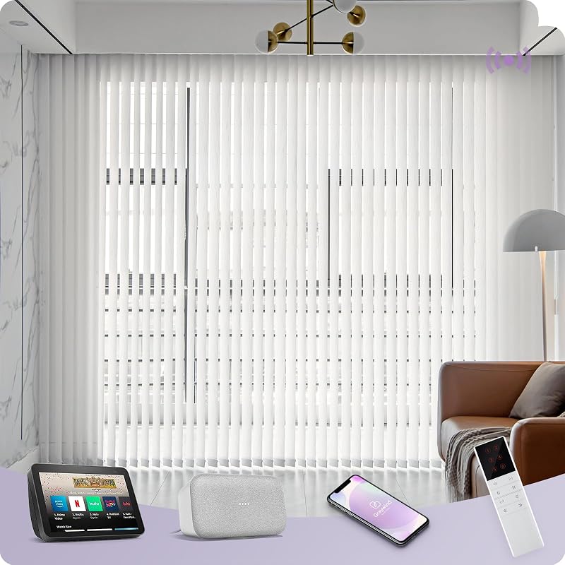 Graywind Motorized Half Shading Vertical Blinds Compatible with Alexa Google Privacy Smart Vertical Blind Remote Control Track Slats Set for Sliding Door With Valance, Width Up To 157", Textured White