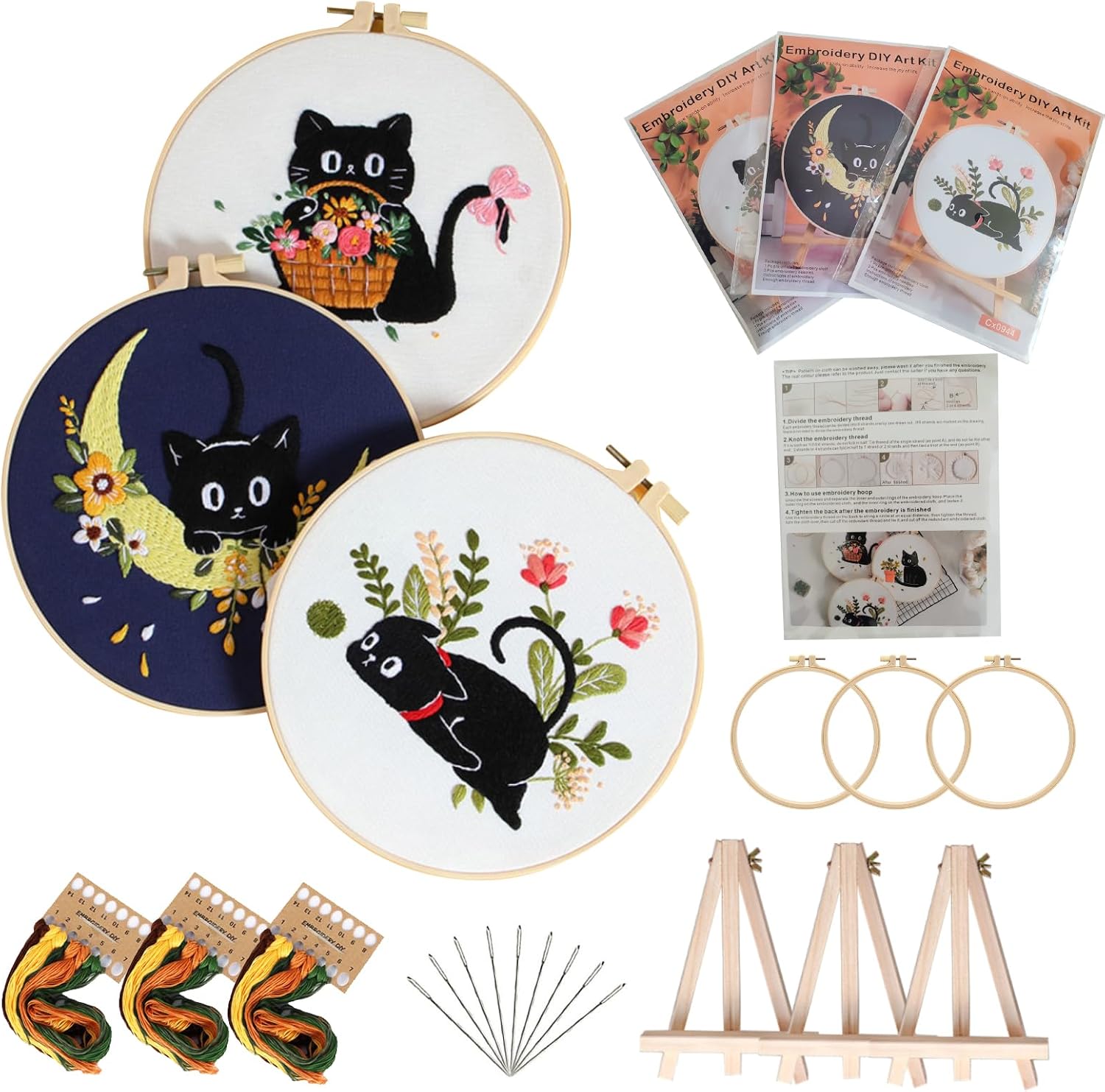 Qupace 3 Pcs Spring Flower Embroidery Kits for Beginners Adults,Cross Stitch Sewing Craft Set, 3 Embroidery Hoops,3 Finished Stands, Spring Floral Needlework Kit