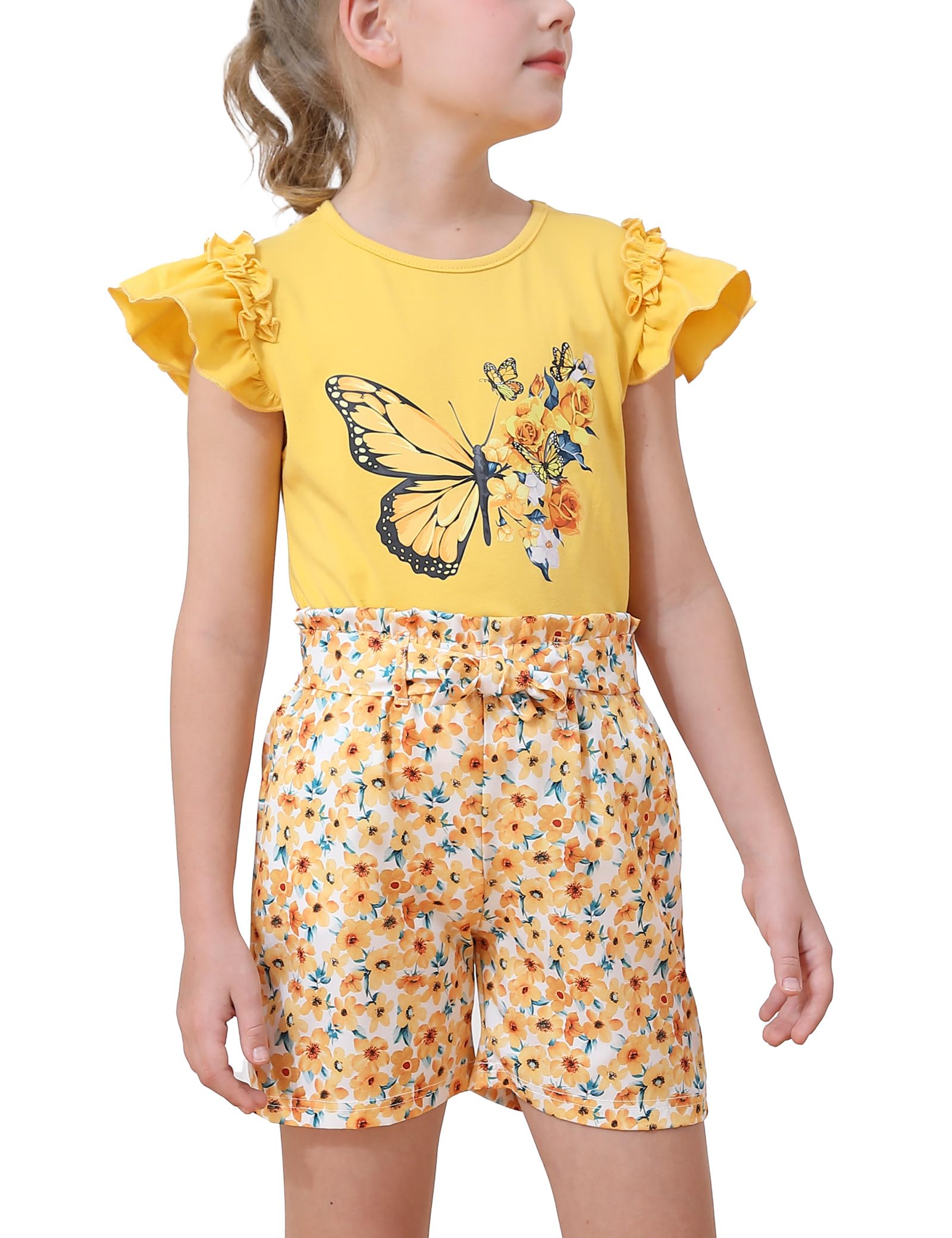 mksodop Girls outfits 2-Piece ruffled short sleeve butterfly floral print high waist floral shorts girls summer clothes