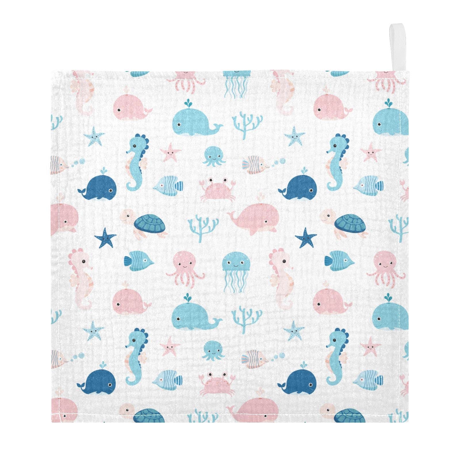 vvfelixl Cute Sea Life Baby Burp Cloths, Baby Muslin Washcloths for Boys Girls, Cotton Baby Face Towel for Newborn Infants Soft and Absorbent 11.8 X 11.8 in, 5 Pack