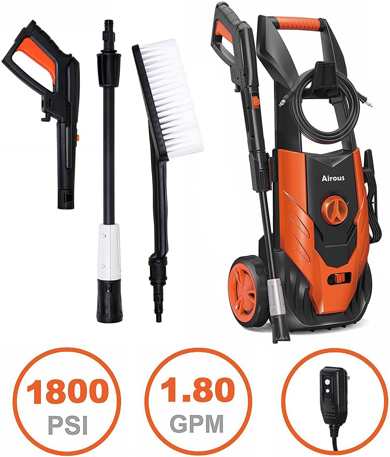 Airous 2018 Updated 1800 PSI 1.8 GPM Electric Pressure Washer, Power Washer with Adjustable Spray Nozzle, Extra Turbo Nozzle, Onboard Detergent Tank,Cleaning brush