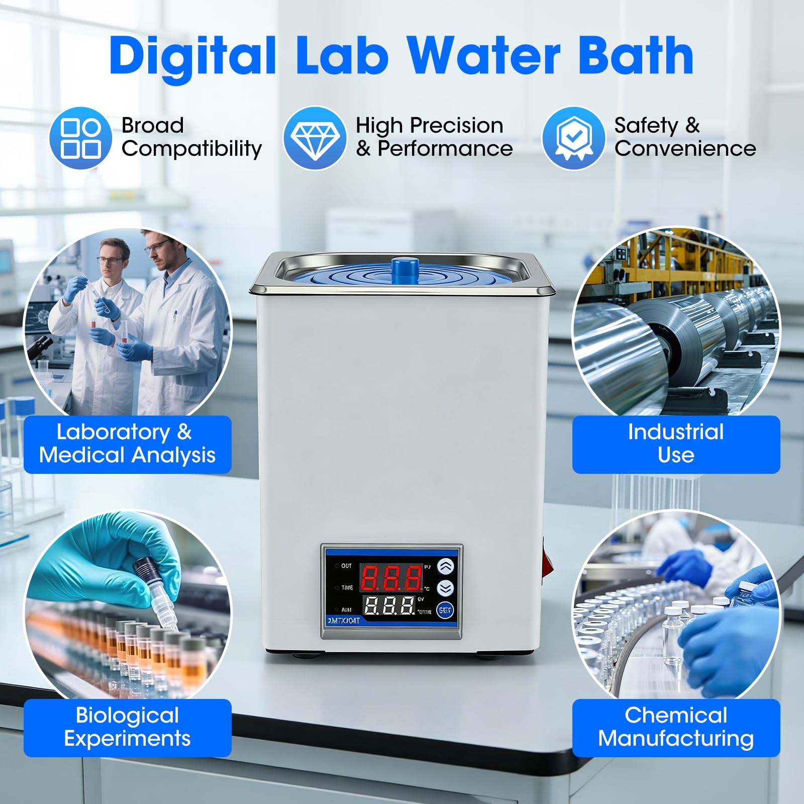 Digitales Labor Wasserbad 3,5L, 300W, Edelstahl Präzises Thermostat ±0,1°C & Timer, LED Display, Trockengehschutz, ideal für Labor & Forschung