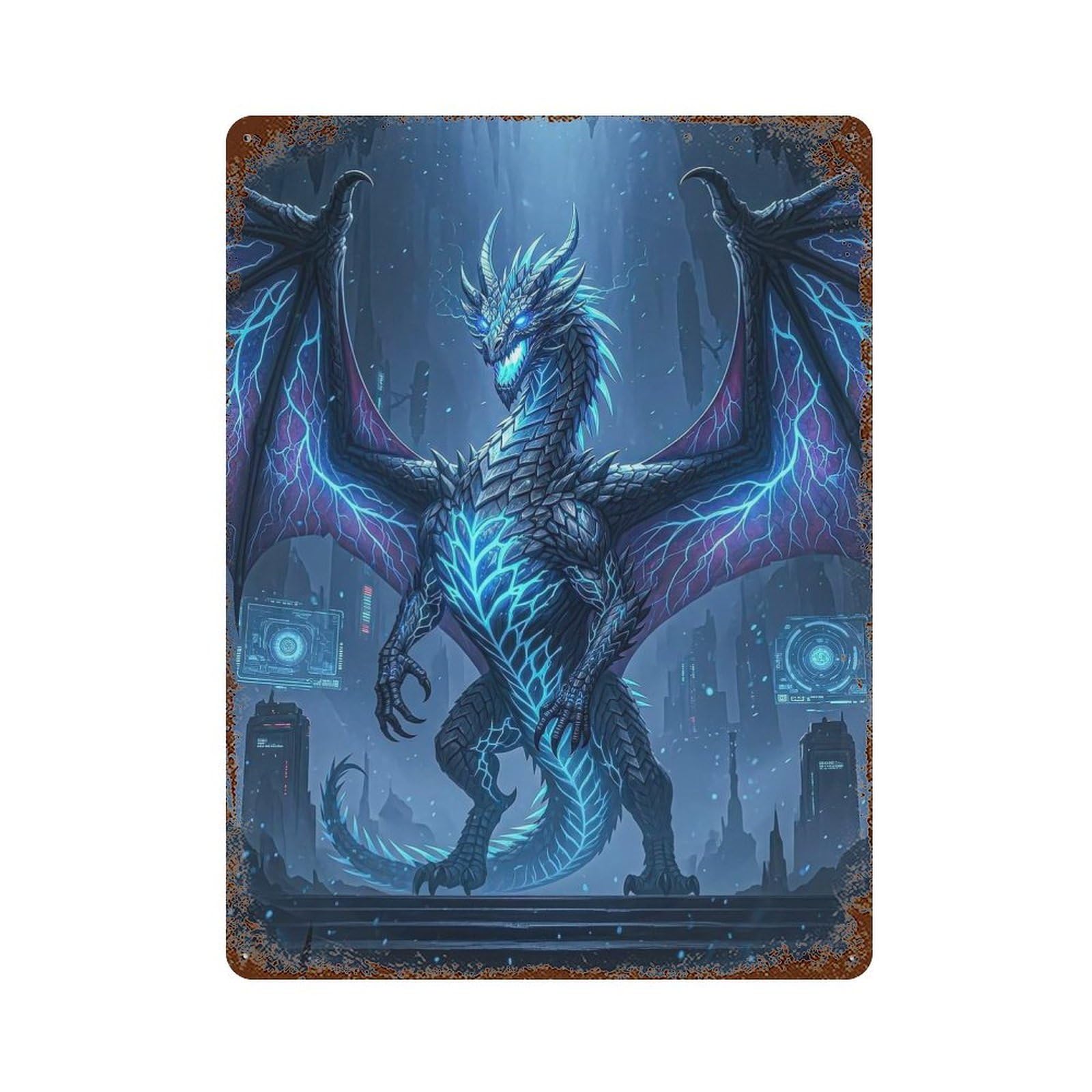 Dragon with Neon Accents Vintage Rust Metal Sign 15.7"x11.8", Shabby Chic Decor for Living Room, Hallway And Home Decor
