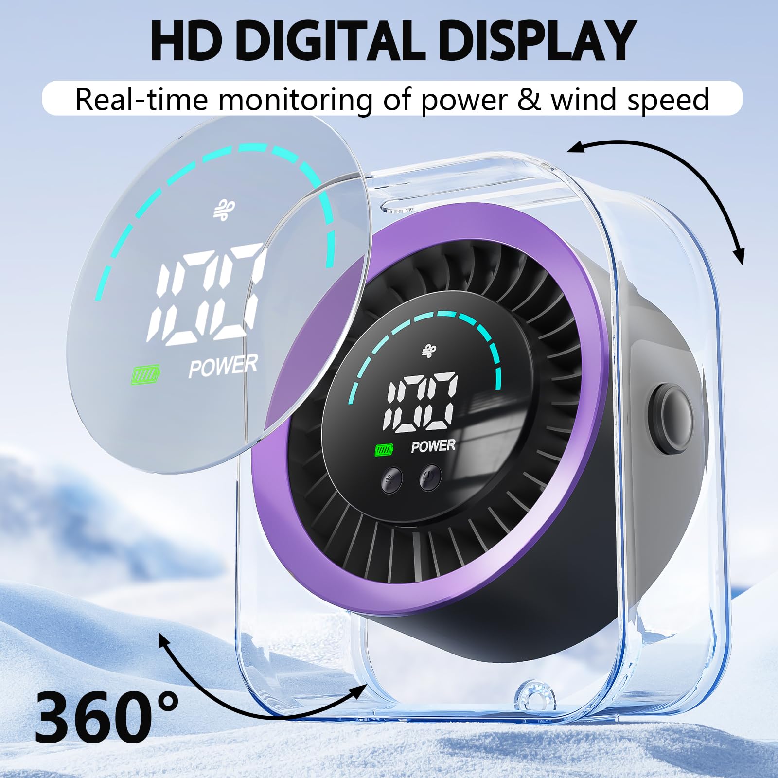 Ventilatore da tavolo ricaricabile tramite USB, ventilatore da tavolo silenzioso con 100 velocità, ventola di raffreddamento turbo, display digitale HD, montaggio a parete e scrivania, regolabile a