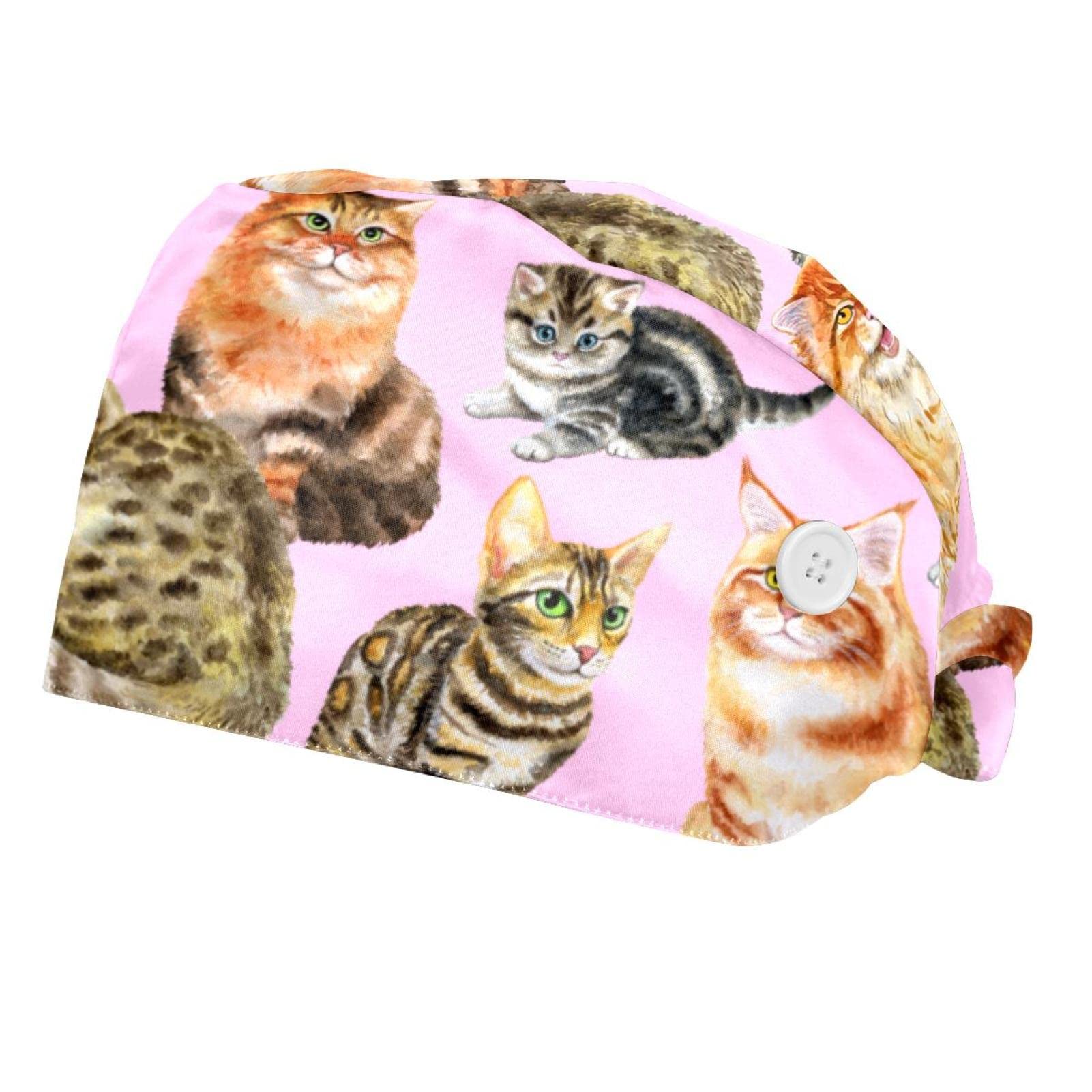 DHH166 2 Packs Working Cap with Buttons Sweatband Adjustable Hats Surgical Caps for Women Men, Cat Pink