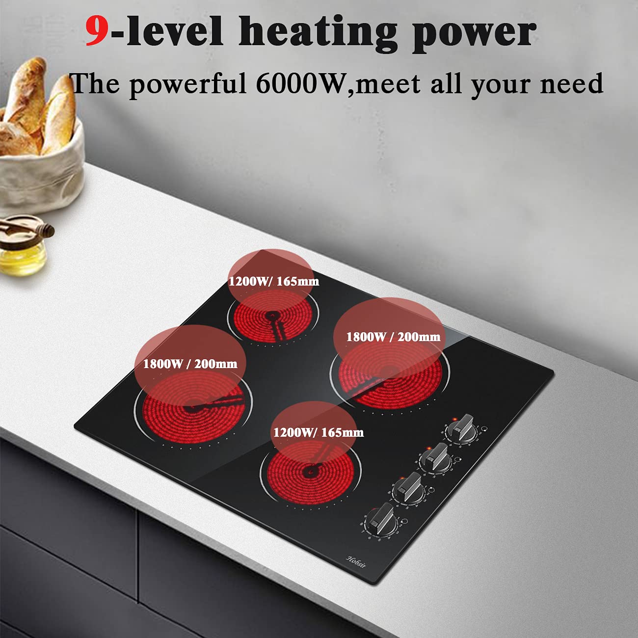 Ceramic Hob 4 Zones Electric Hob with Knobs Built in 6000W Ceramic Hob 60cm with Non-abrasive Black Glass Auto Switch off Safety Hard Wire, No Plug Included — view 3