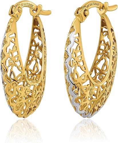 Vista 5 de Aretes de aro de filigrana de oro amarillo de 14 quilates, corte láser medio, cierre a presión pulido para regalo de mujer