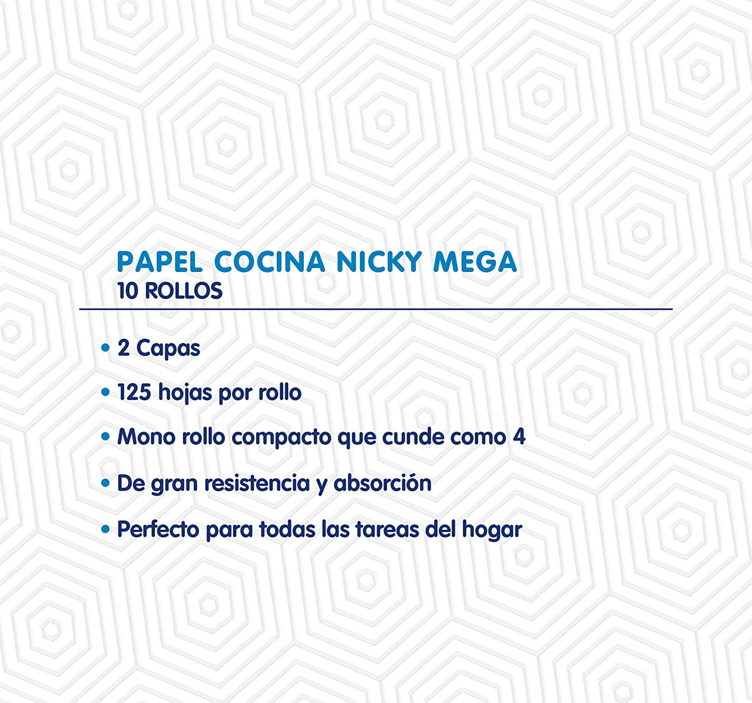 Nicky Mega Papel De Cocina - 10 Rollos de 125 Hojas De 2 Capas, Mono Rollo Compacto Que Cunde Como 4, Papel 100% Certificado FSC, Blanco