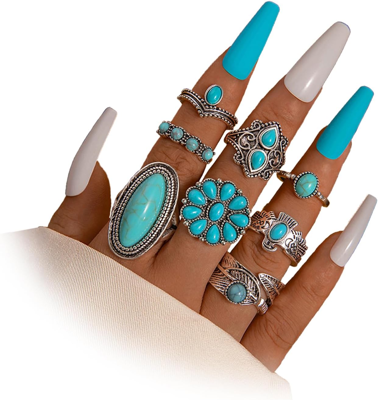 Bohemian Joint Knuckle Rings Set for Women,Vintage Boho Turquoise Stackable Rings Chunky Retro Turquoise Midi Finger Ring Statement Western Jewelry