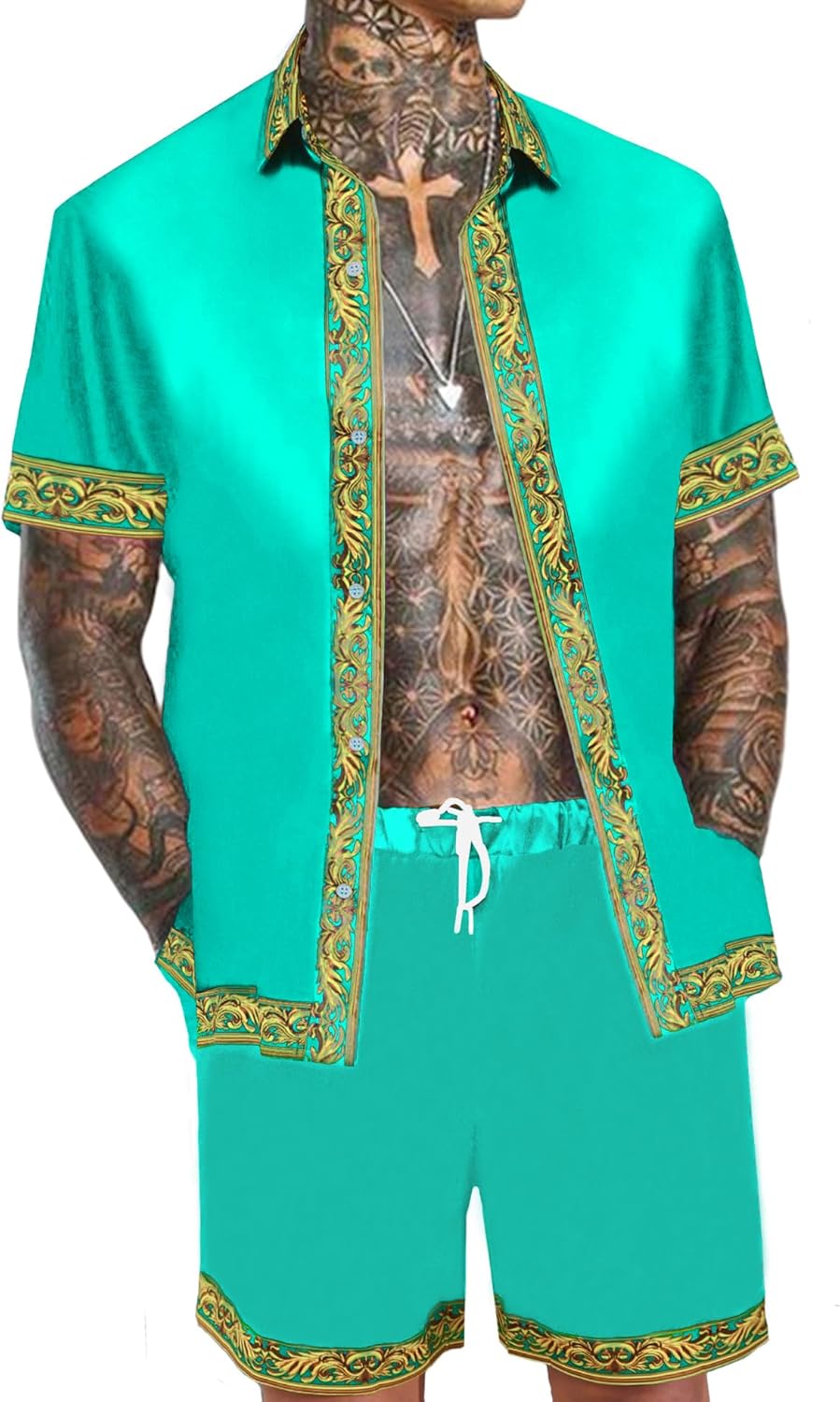 Men's Hawaiian Shirt and Short Set 2 Piece Outfits Luxury Printed Casual Button Down Short Sleeve Satin Shirt Suits