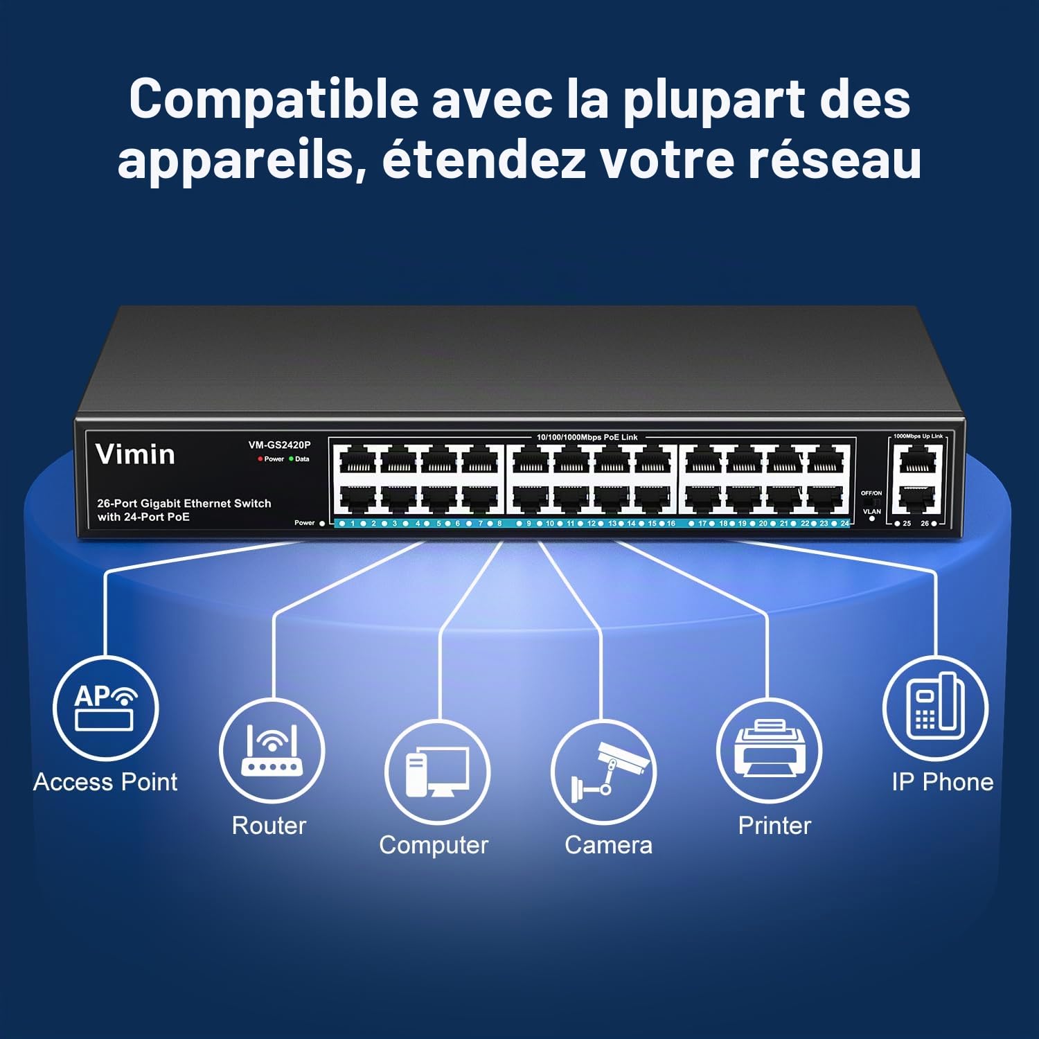 VIMIN Commutateur PoE Gigabit 24 Ports avec 2 Ports Montants Gigabit, Commutateur Ethernet PoE Non Géré 26 Ports avec Une Puissance de 320W, Prise en Charge de IEEE802.3af/at, VLAN, Boîtier en Métal