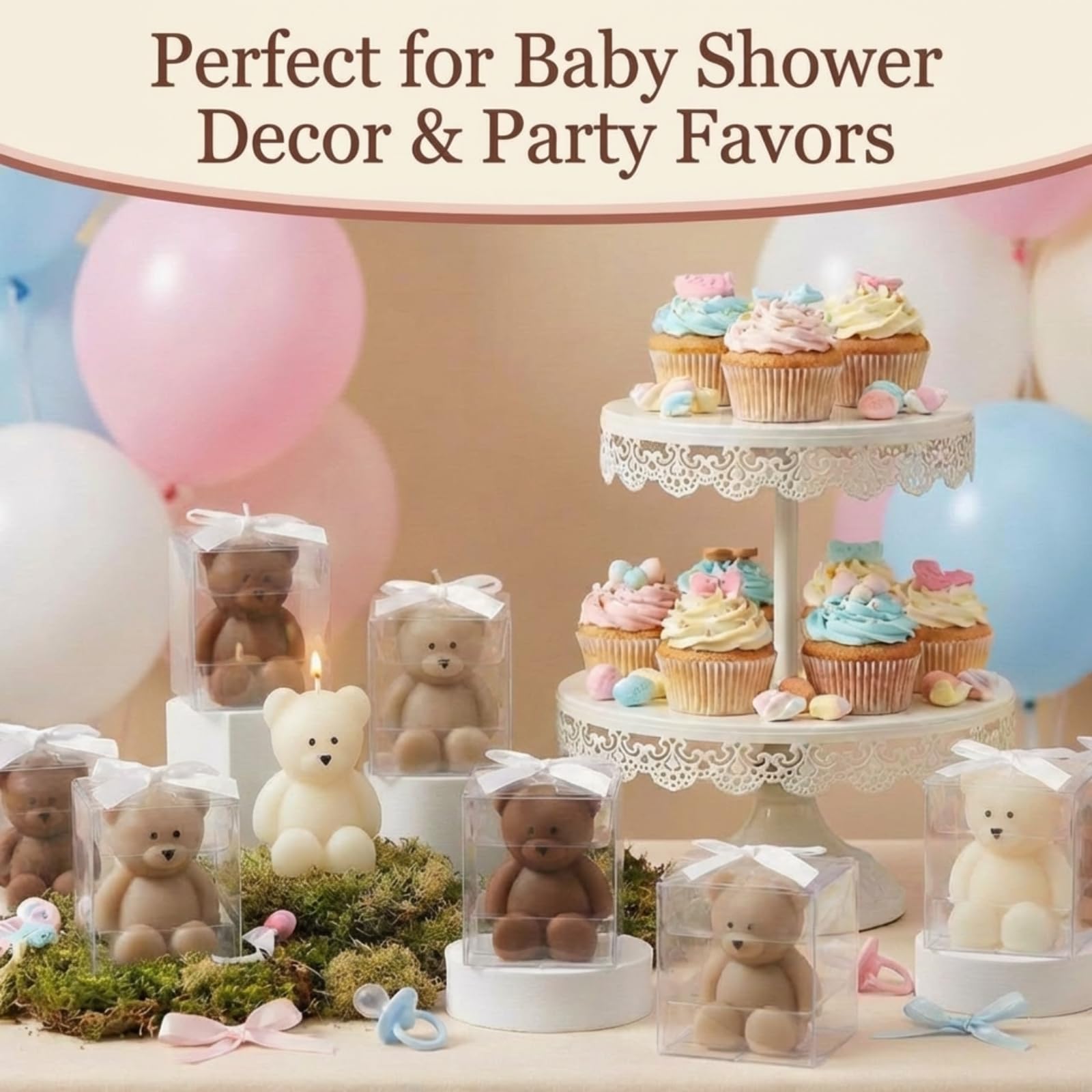 50 szt. świec z niedźwiedziem na baby shower, upominki na przyjęcie z niedźwiedziem gościnnym, świece na baby shower, luzem na prezent, dekoracje imprezowe (jasna kawa, białe)