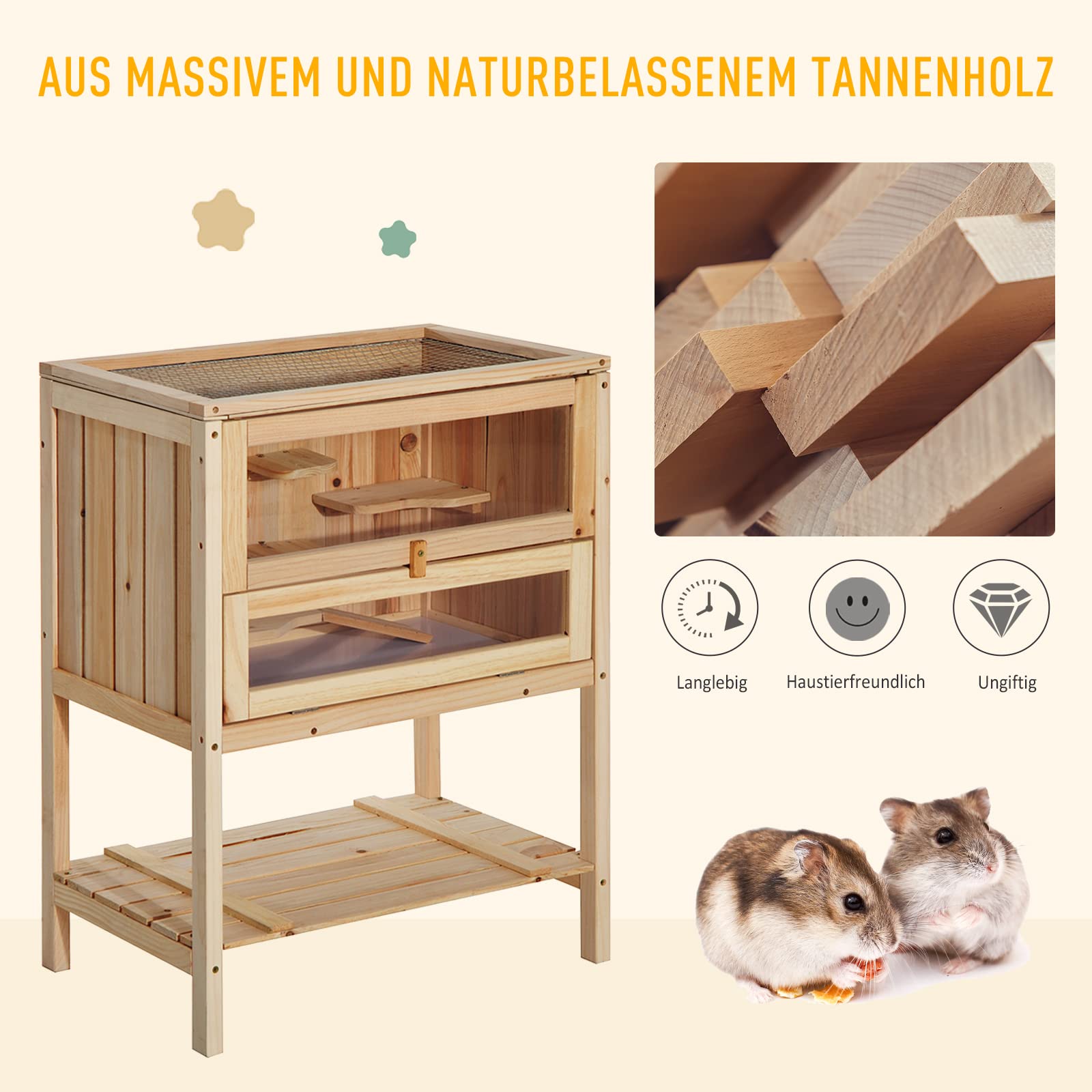 PawHut Kleintierkäfig Kleintierstall mit 5 Podesten und 1 Rampe Nagerkäfig Kleintierhaus Tannenholz Natur 60 x 40 x 80 cm