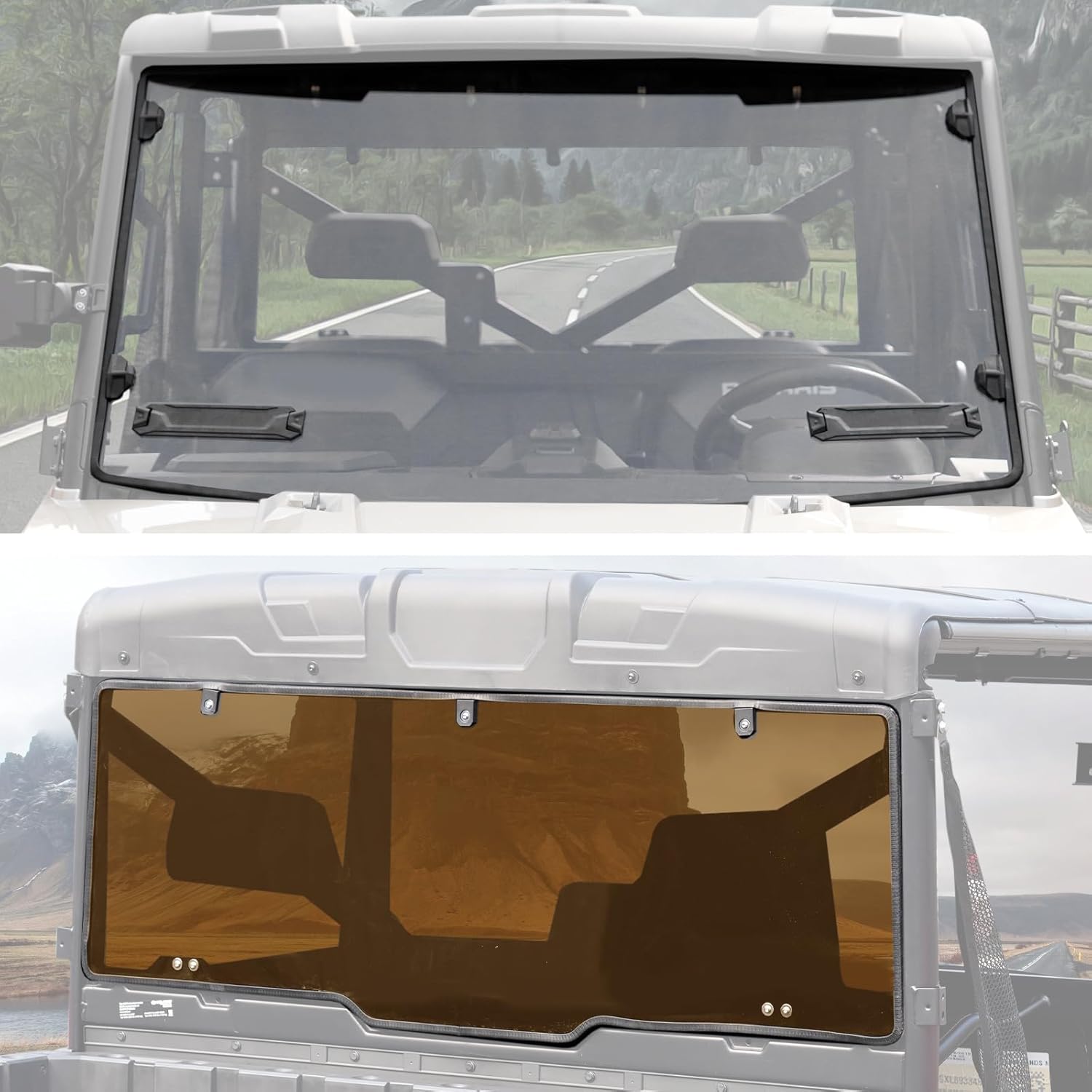 A & UTV PRO Rear & Front Full Windshield for 2017-2025 Polaris Ranger XP 1000/ Crew XP 1000/Ranger 1000/ XP 900, Heavy Duty Clear Tough Windscreen, Rear Dark Tinted Window Accessories, 2PCS