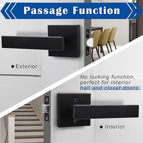 Miniatura 7 de Orger Paquete de 2 manijas de puerta simuladas color negro mate que no funcionan, cerradura de puerta simulada con roseta cuadrada, manija interior