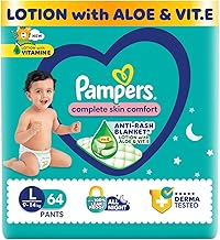 Pampers Complete Skin Comfort Pants, Anti-rash blanket, Lotion with Vitamin E & Aloe Vera, Large (L), 64 Count, 9-14kg